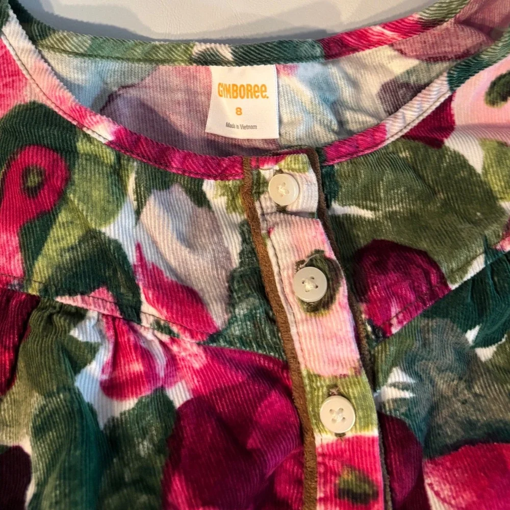 Gymboree Girls Floral Corduroy Henley Dress Size 8 Pink Green Cotton Fall Rose